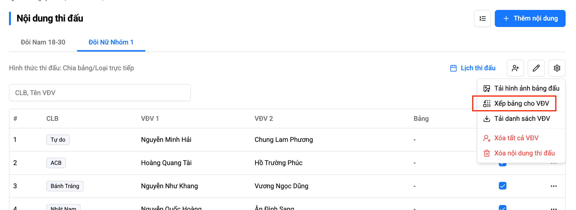 Xếp bảng VĐV