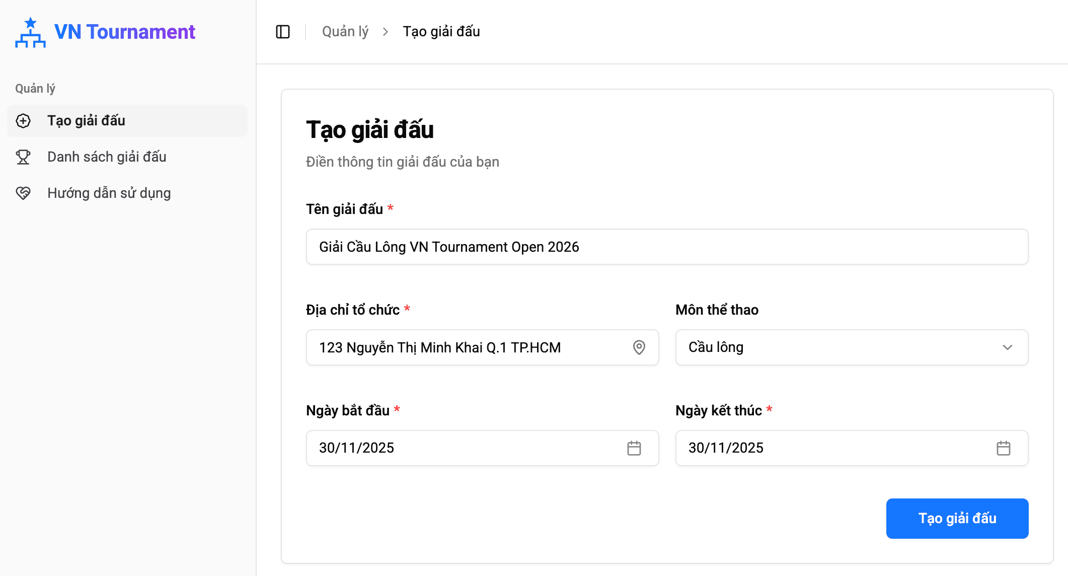 Tạo giải đấu