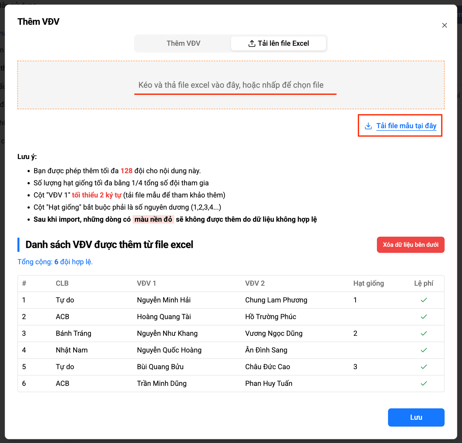 Thêm VĐV bằng Excel